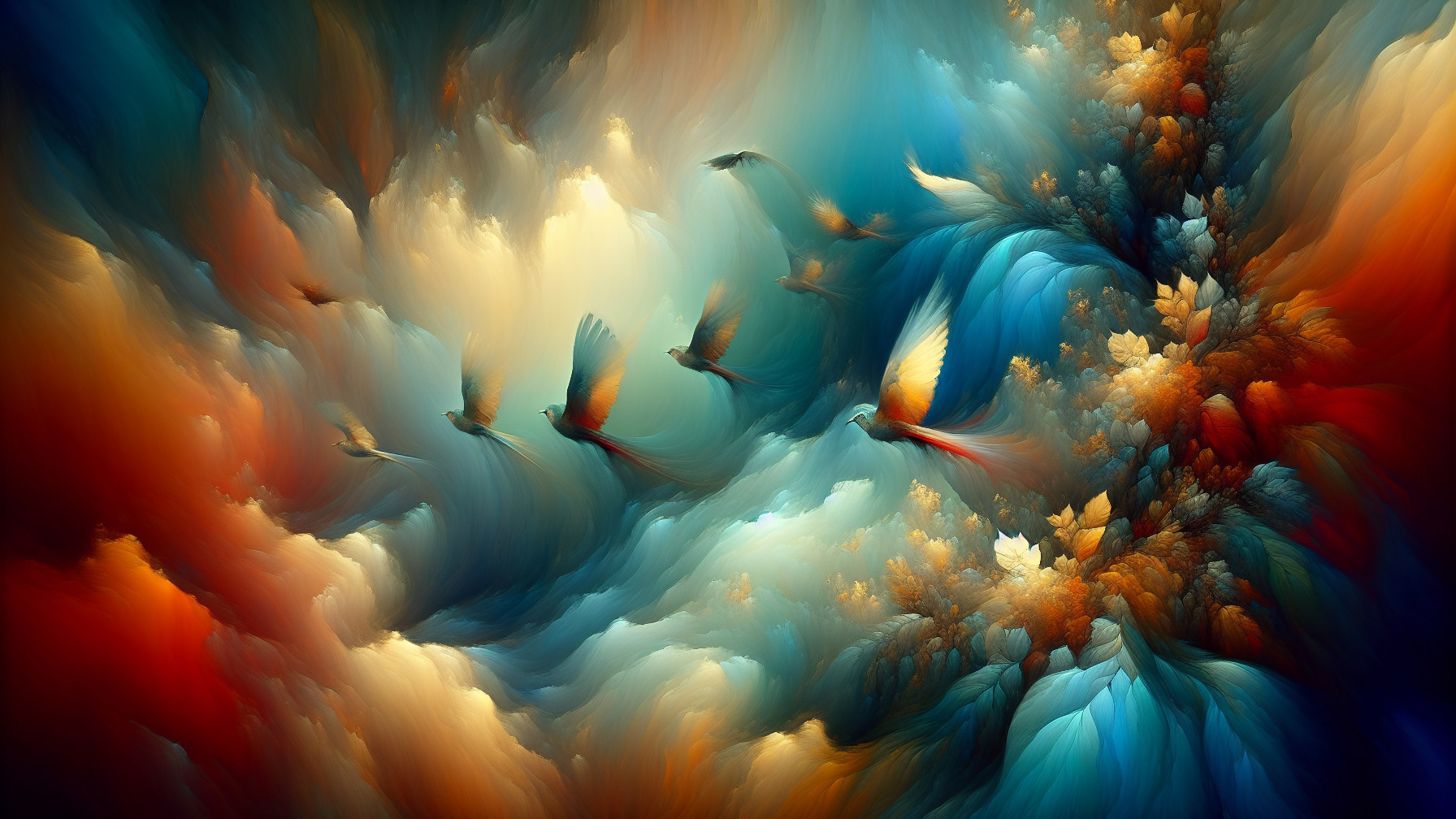 Vibrant Abstract Artwork with Swirling Clouds and Birds