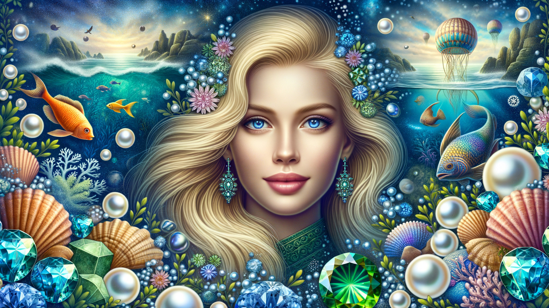 Mystical Underwater Scene with Serene Woman and Marine Life
