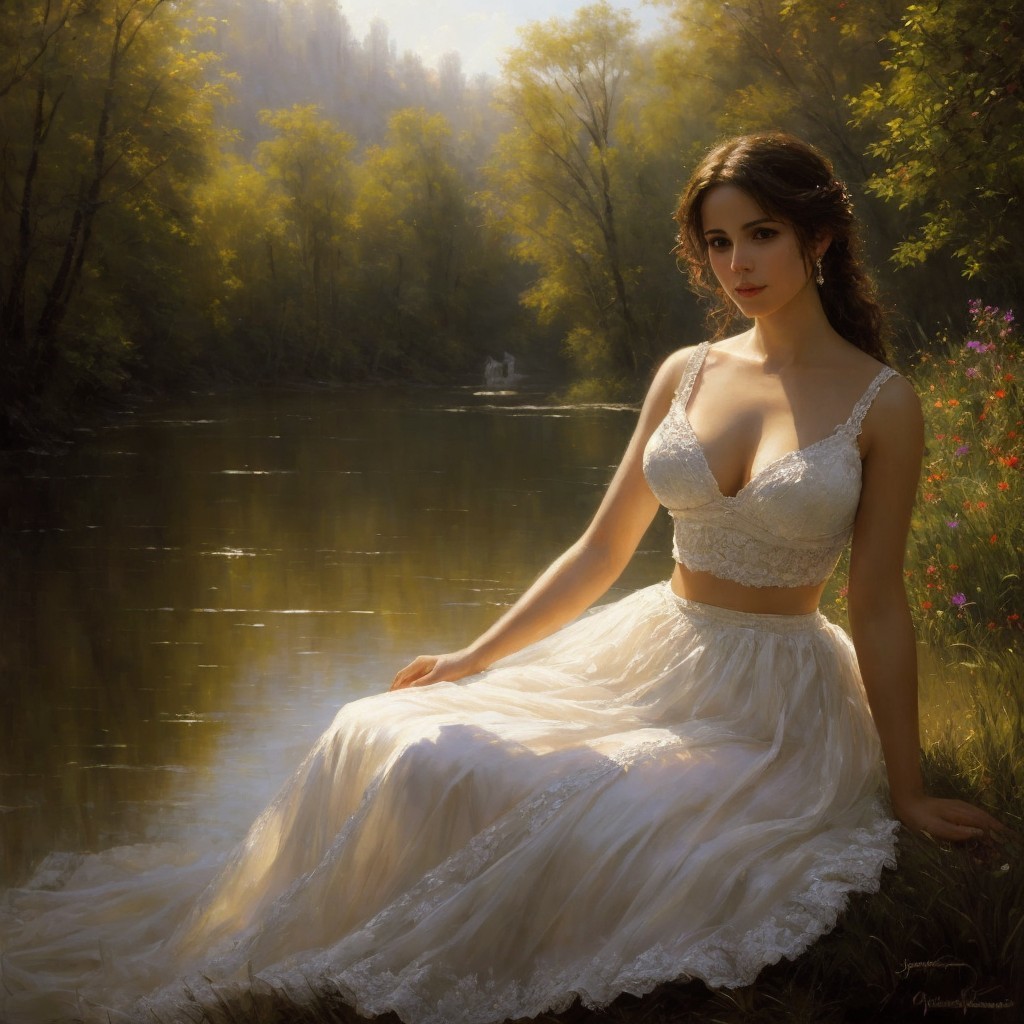 Young Woman by Tranquil River in Elegant White Dress