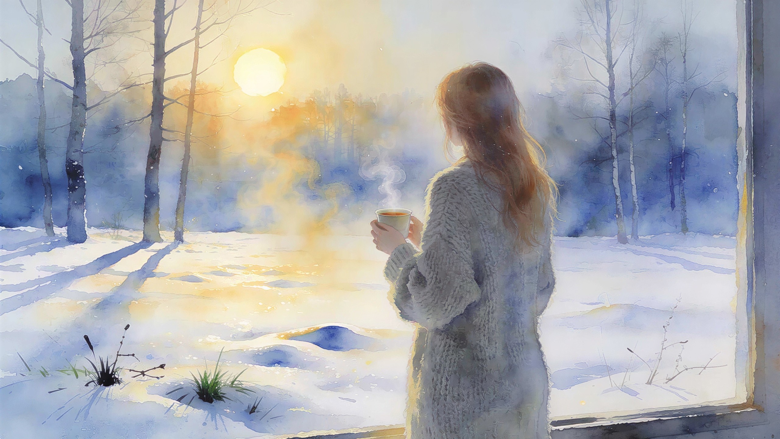 Watercolor Painting of Woman in Sweater by Window