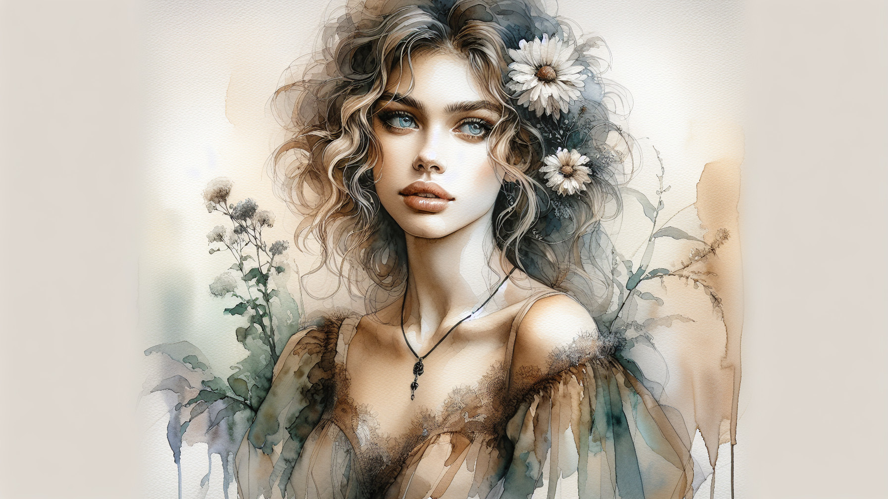Portrait of a Young Woman with Floral Elements