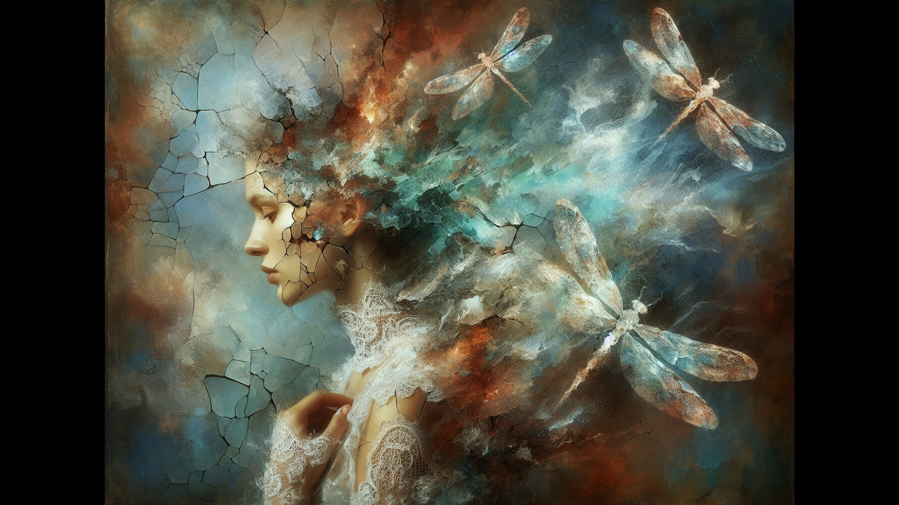 Ethereal Figure with Colorful Background and Dragonflies