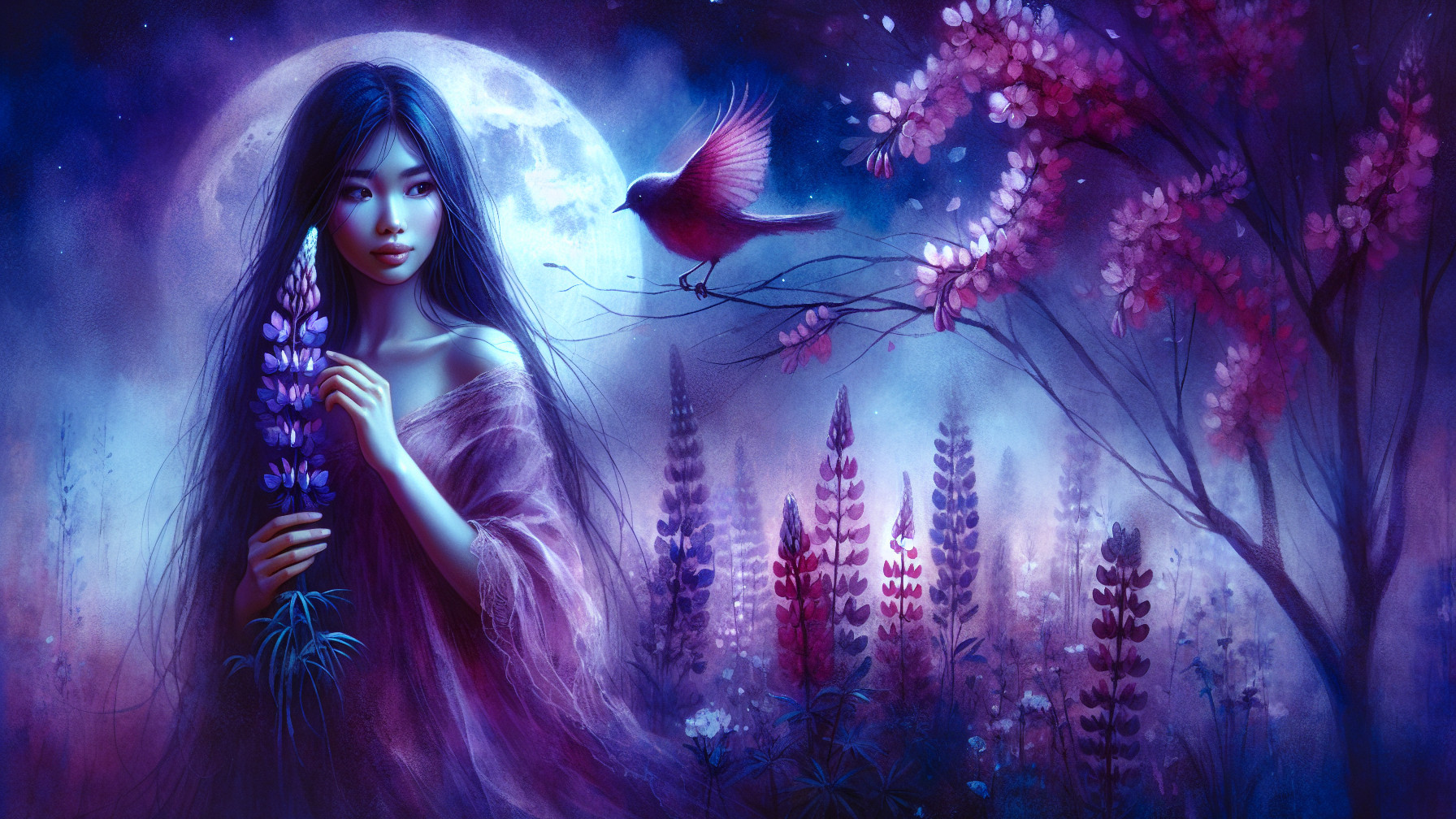 Young Woman in Mystical Landscape with Lupines and Moon