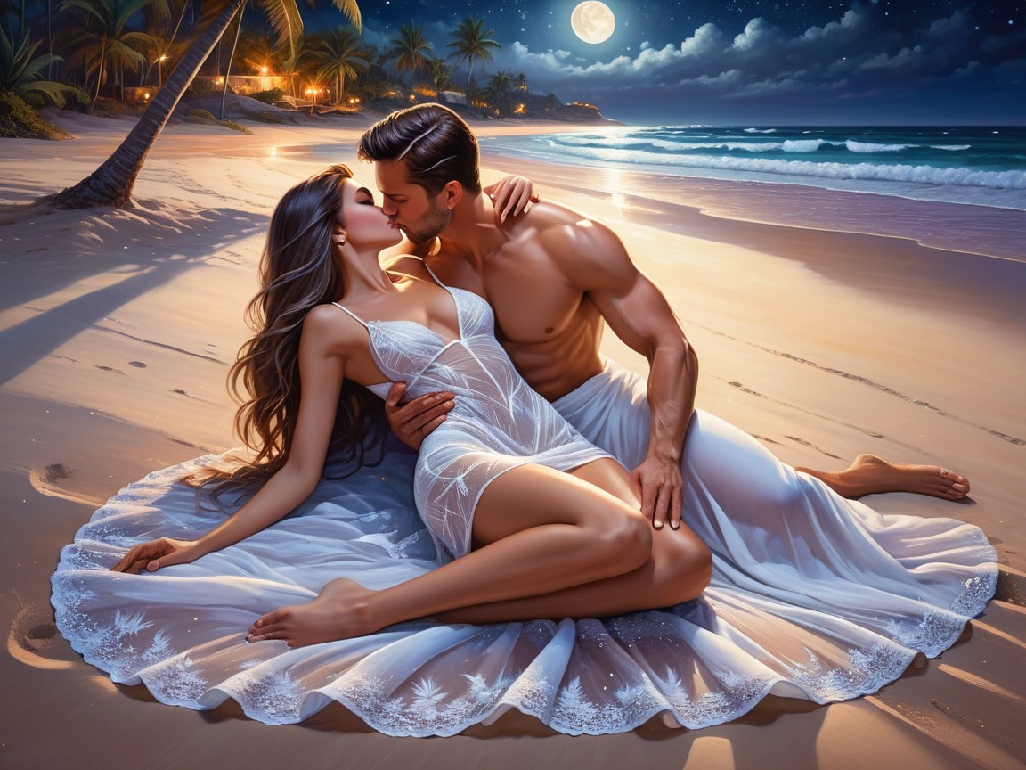 Romantic Moonlit Beach Scene with Embracing Couple