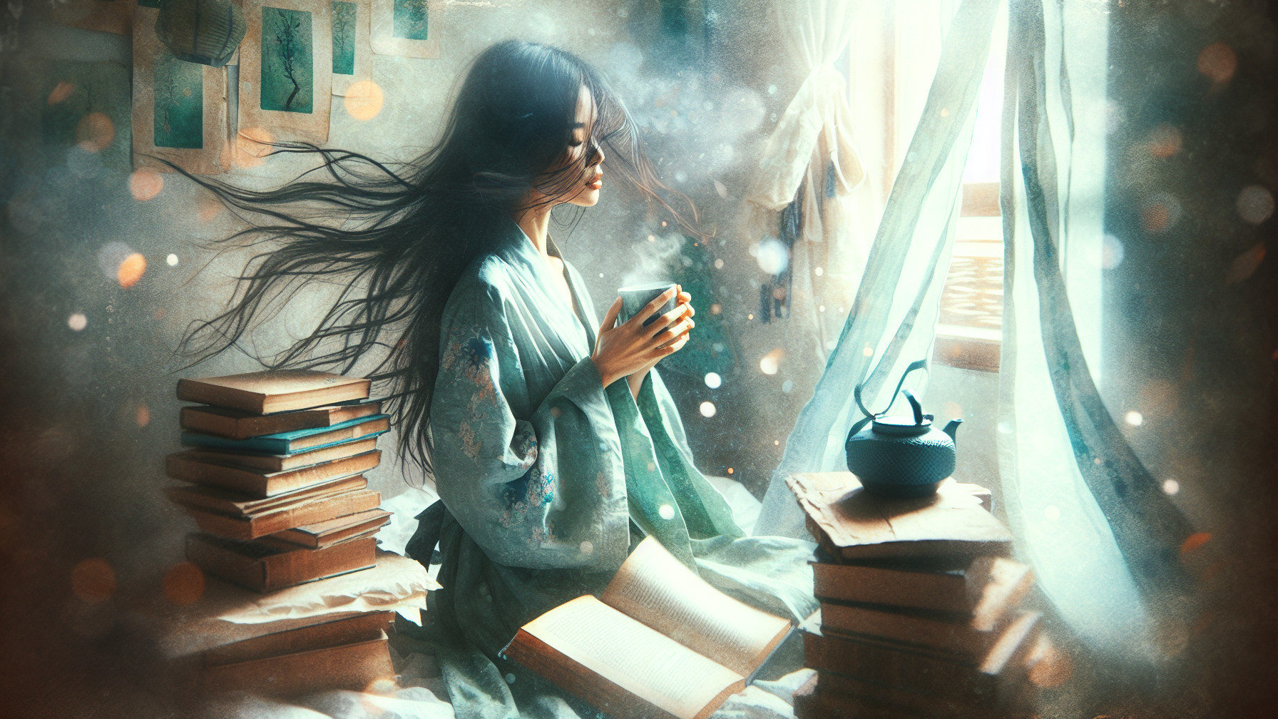 Young Woman in Robe Surrounded by Books and Light