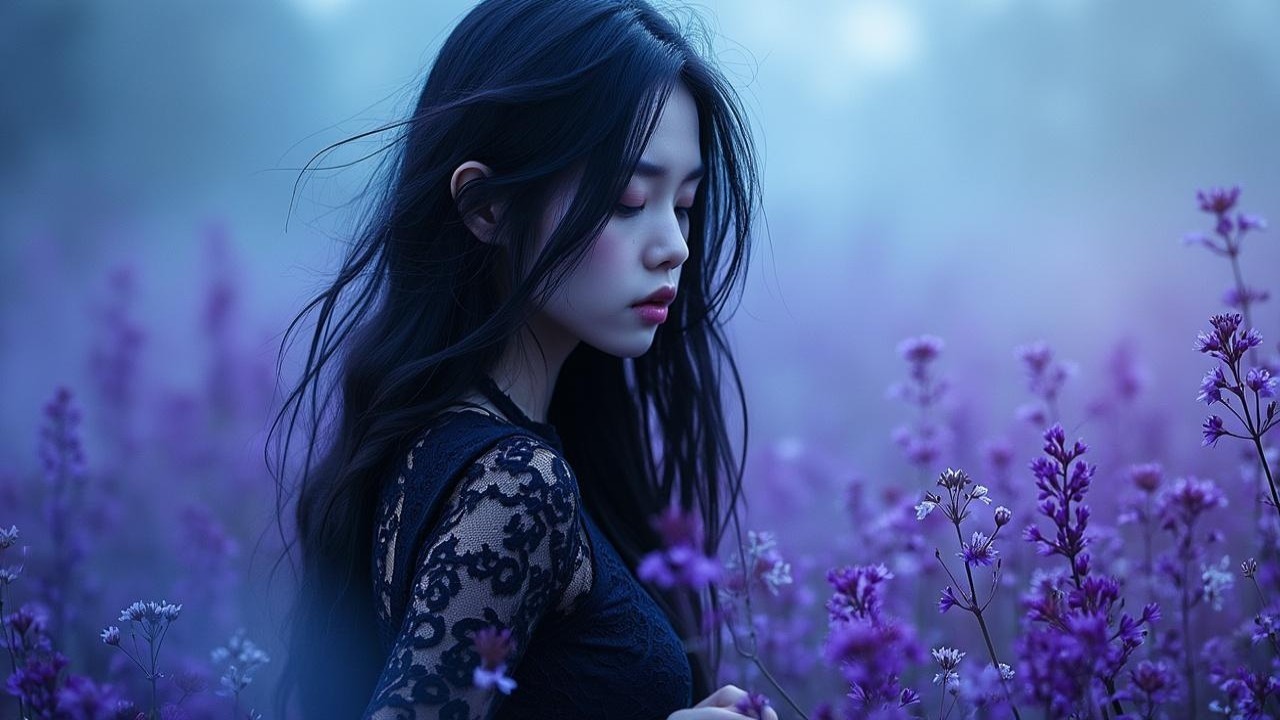 Young woman in twilight field of purple flowers
