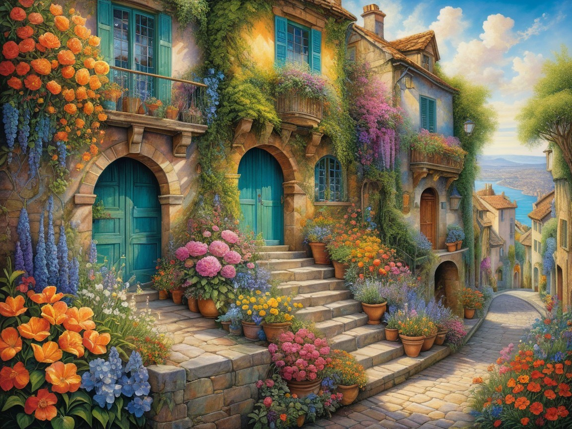 Charming Cobblestone Street with Flowers and Stone Houses