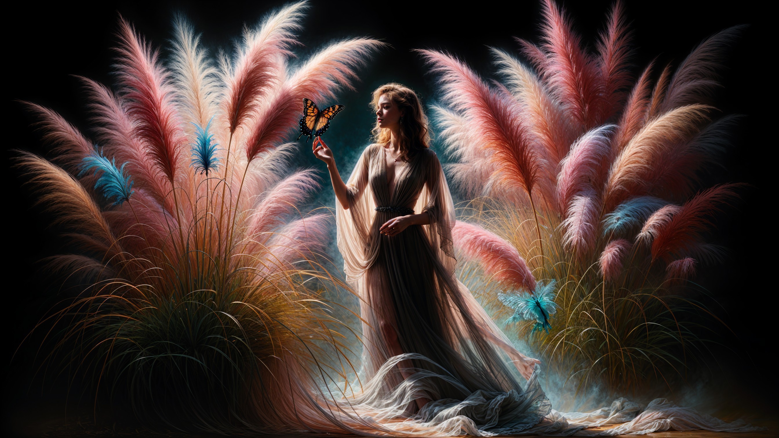 Serene woman in ethereal gown with butterfly in nature