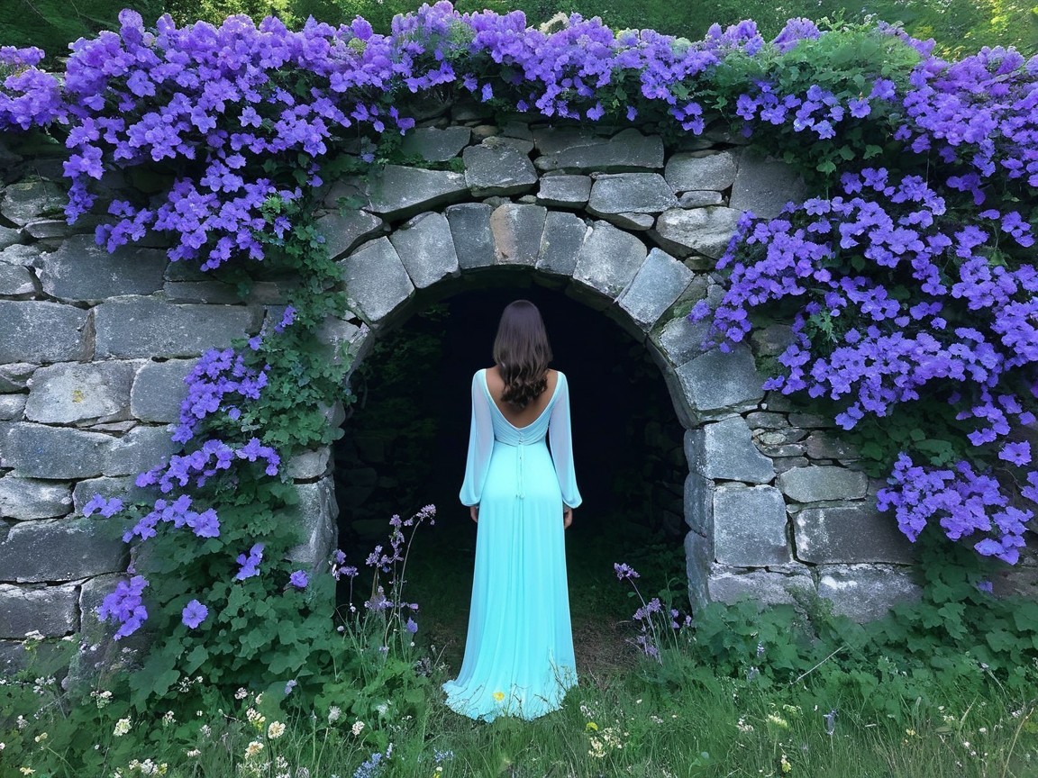 Woman in blue gown by arched stone entrance with flowers