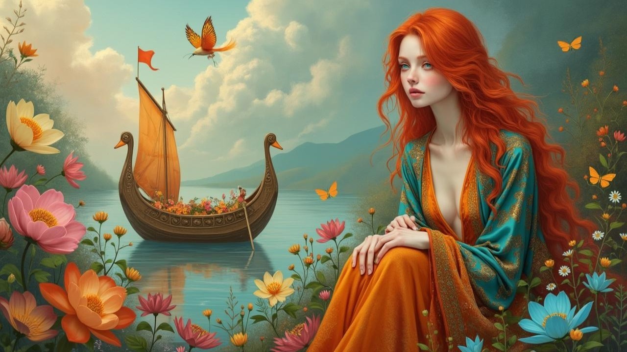 Young Woman in Orange Gown by Tranquil Lake Scene