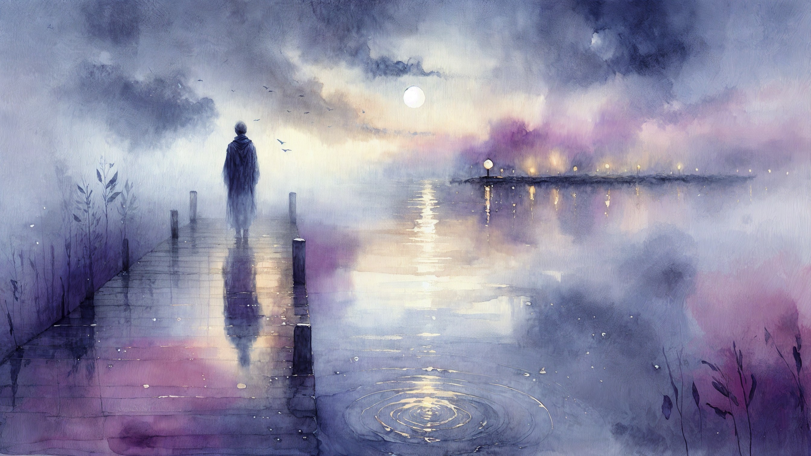 Watercolor Scene of a Figure on a Misty Lake Pier