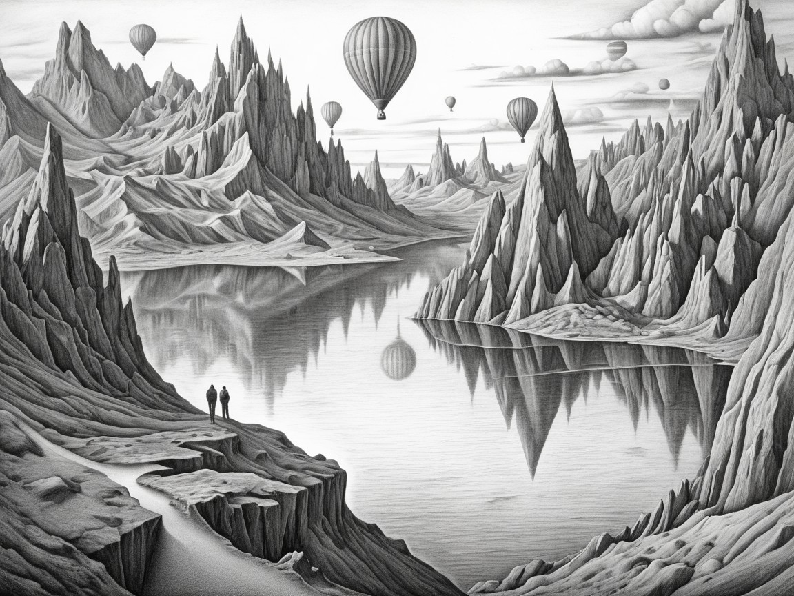 Surreal Landscape with Mountains and Hot Air Balloons