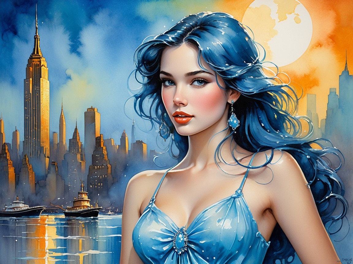 Woman with Blue Hair Against Dusk City Skyline