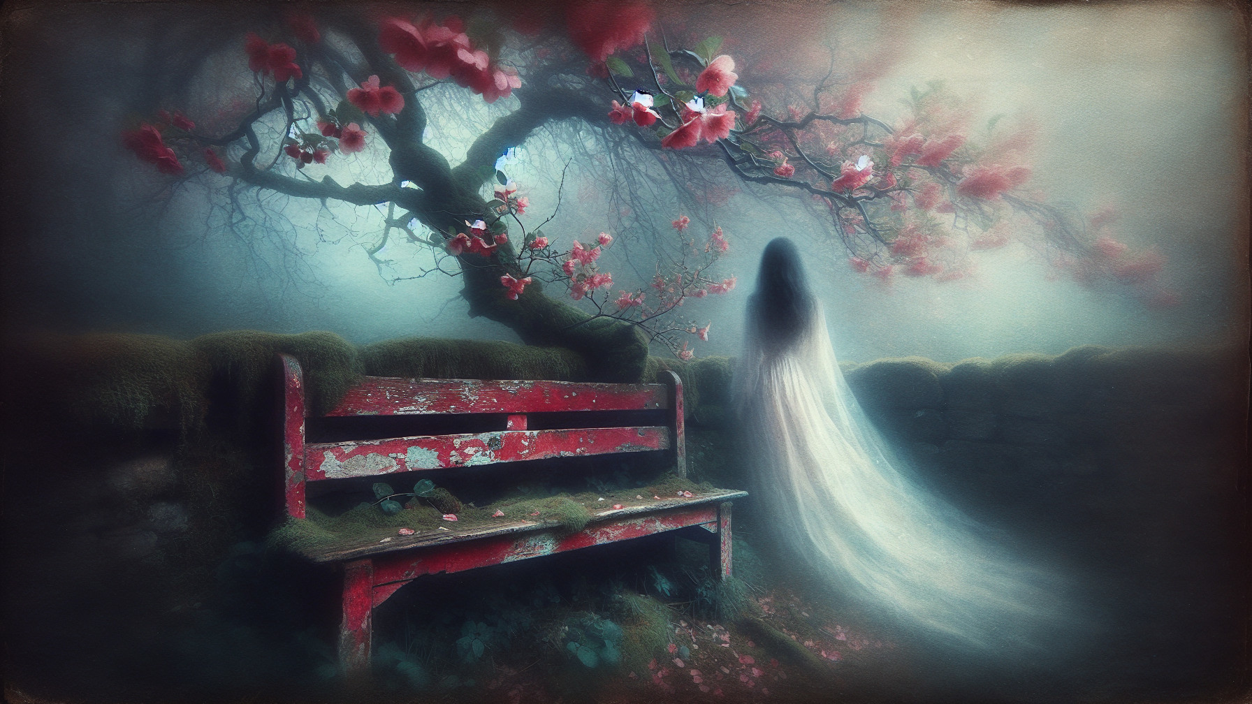 Misty Landscape with Red Bench and Magnolia Tree