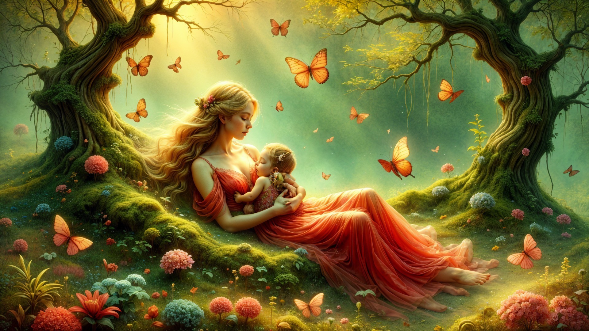 Mother and Baby in a Magical Forest Setting