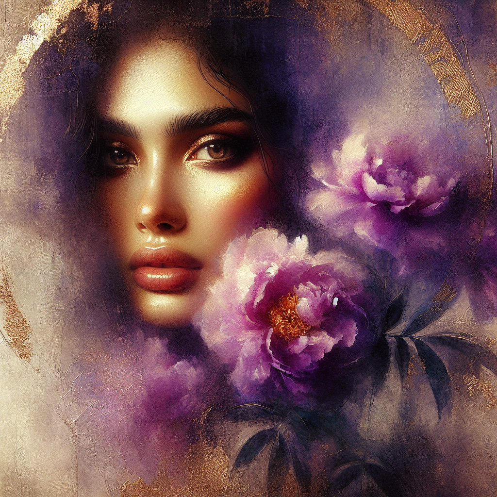 Close-up Portrait of Woman with Purple Peonies