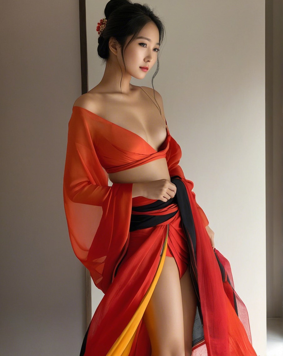 Elegant Woman in Vibrant Red and Orange Outfit