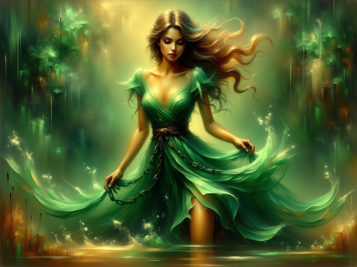 Mystical Woman in Emerald Green Landscape with Water
