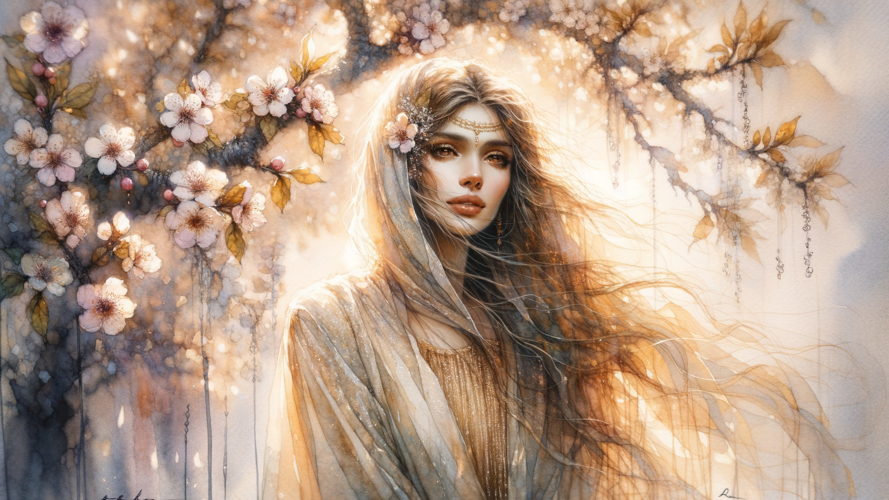 Young woman in cherry blossoms with delicate headpiece