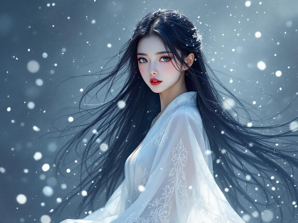 Young woman in white garment in snowy landscape