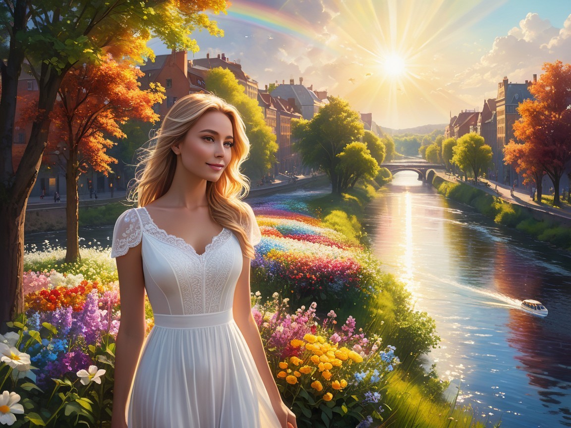 Young Woman by Vibrant River at Sunrise