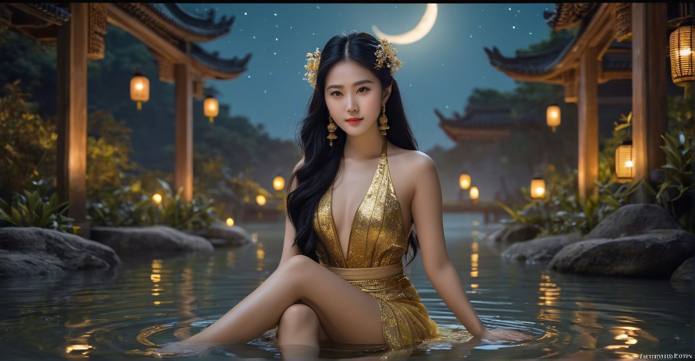 Serene Night Scene with Woman in Gold Dress and Lanterns