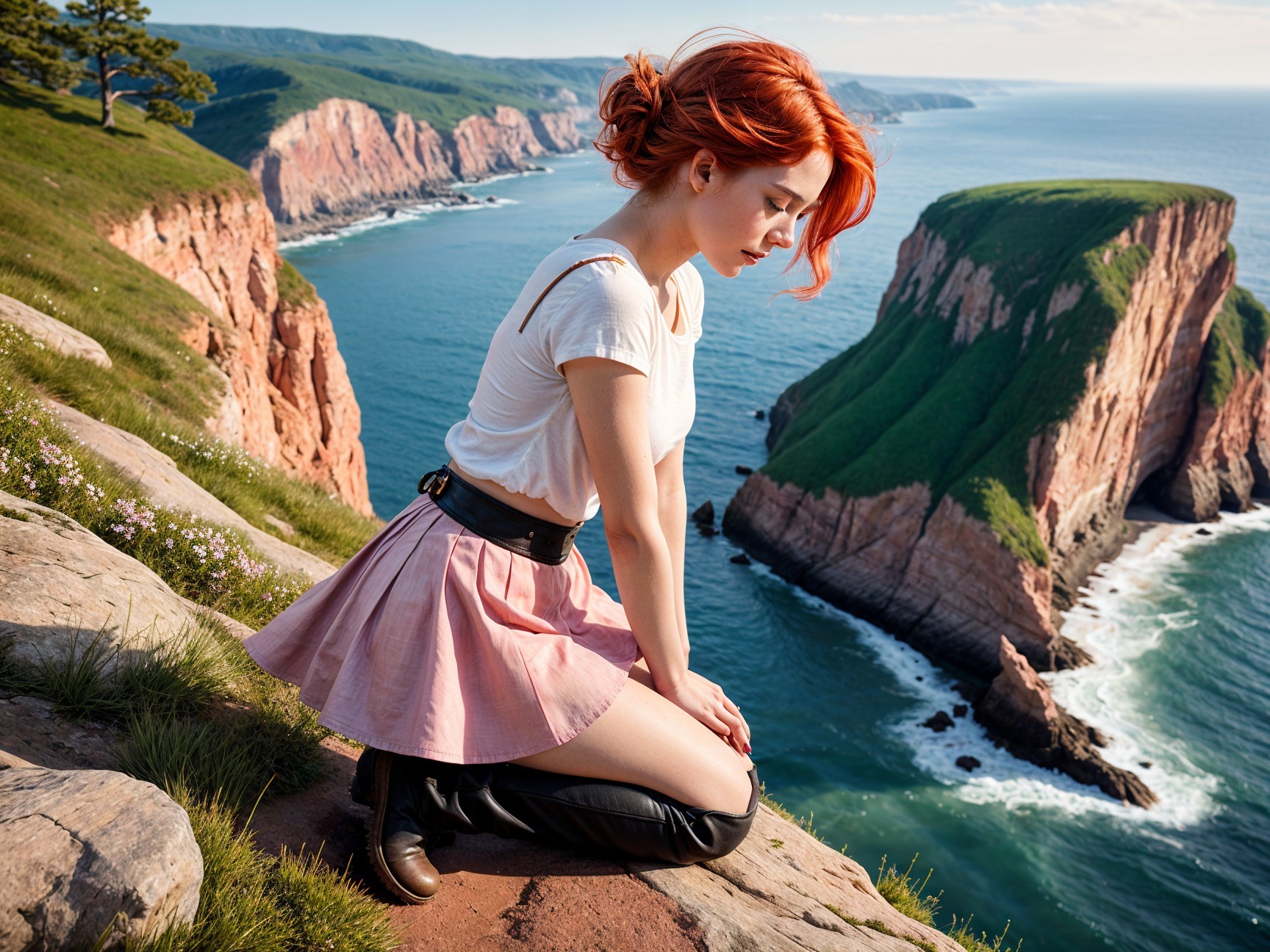 Young Woman with Red Hair on Coastal Cliff