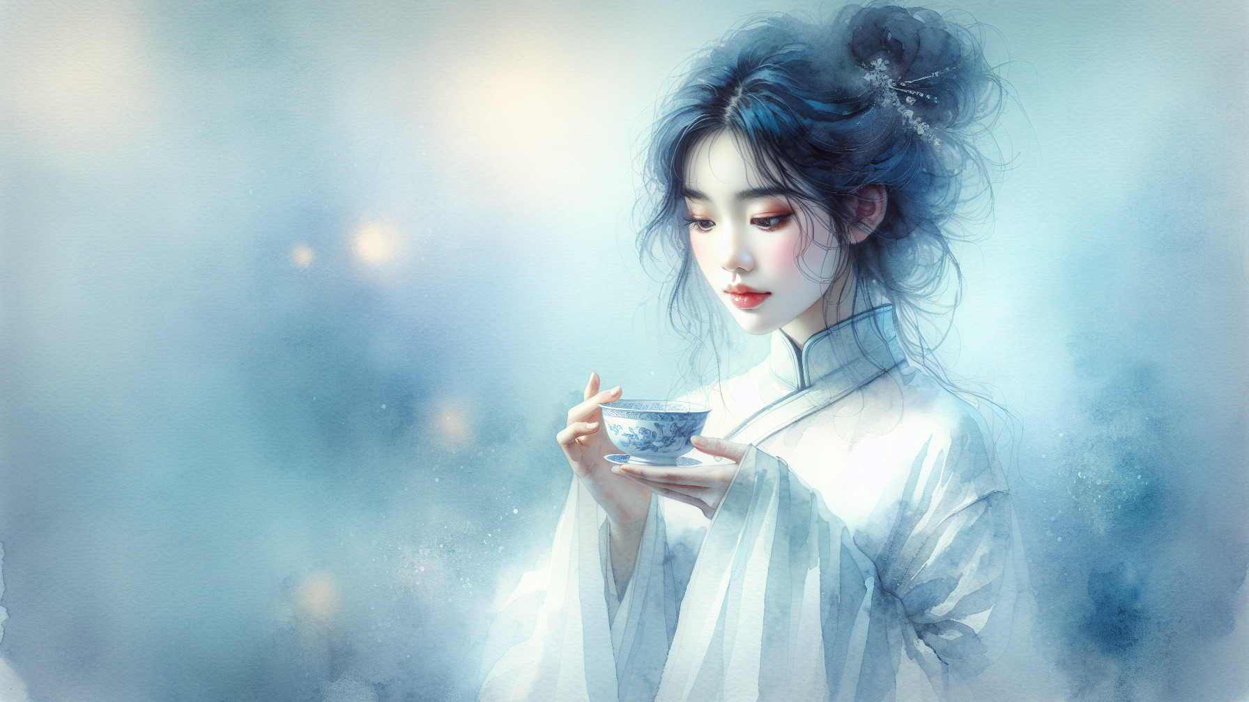Detailed Watercolor of Young East Asian Woman in Hanfu