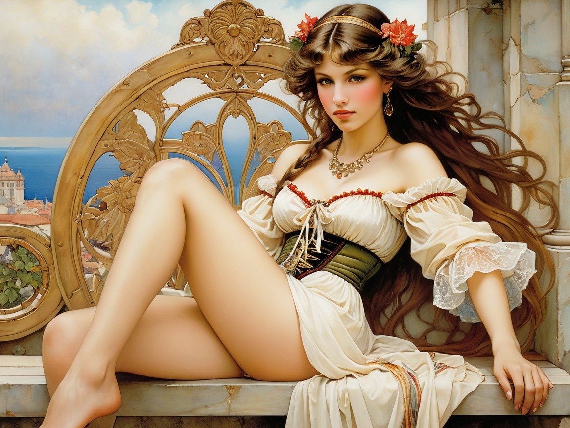 Young Woman in White Dress on Elegant Balcony