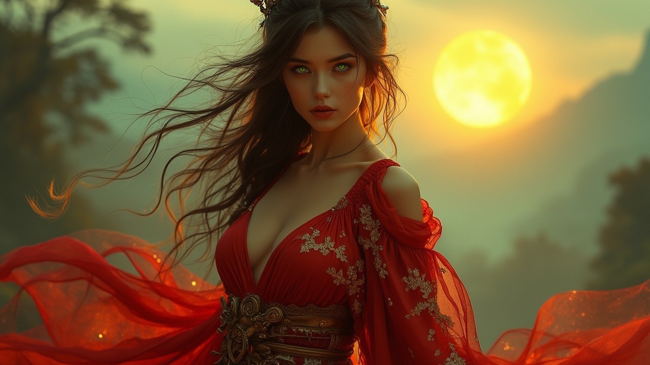 Woman in Red Gown Against Sunset and Greenery