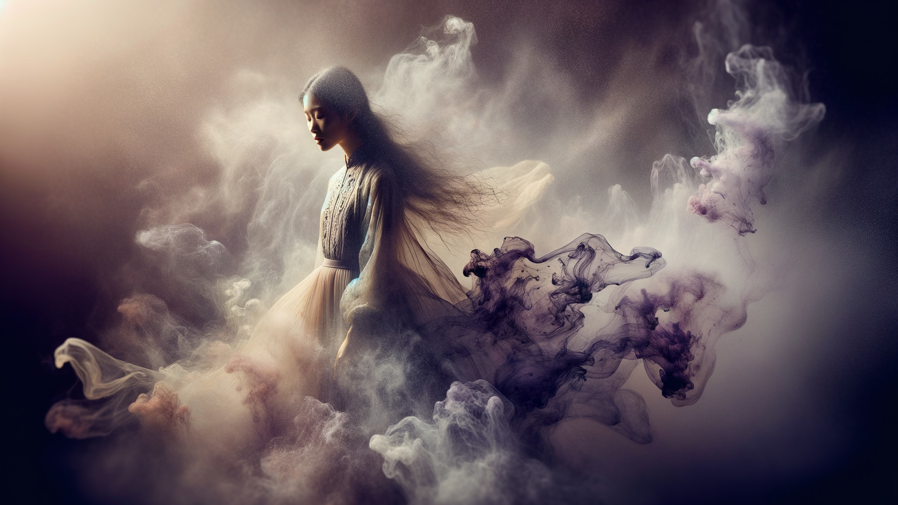 Serene figure in colorful mist with flowing fabric