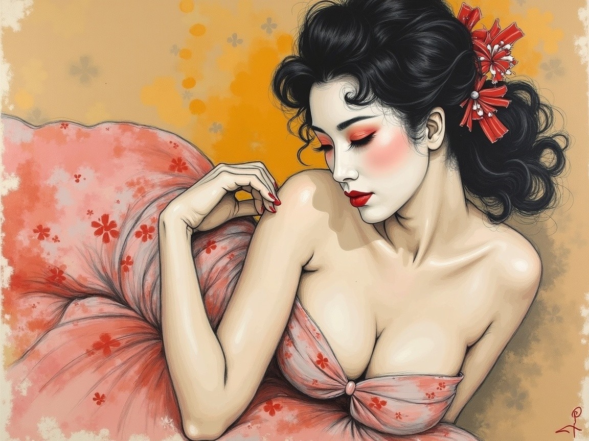 Vibrant Illustration of Woman in Pink Floral Dress