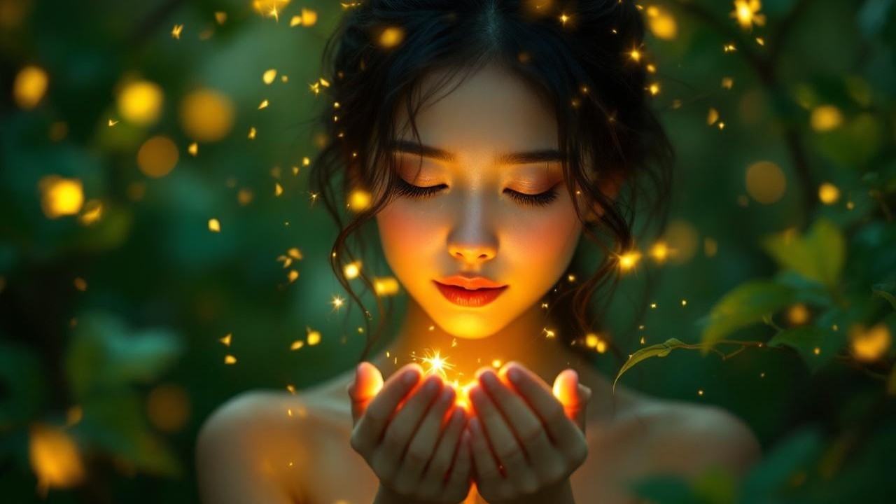 Young woman with glowing hands in a mystical setting