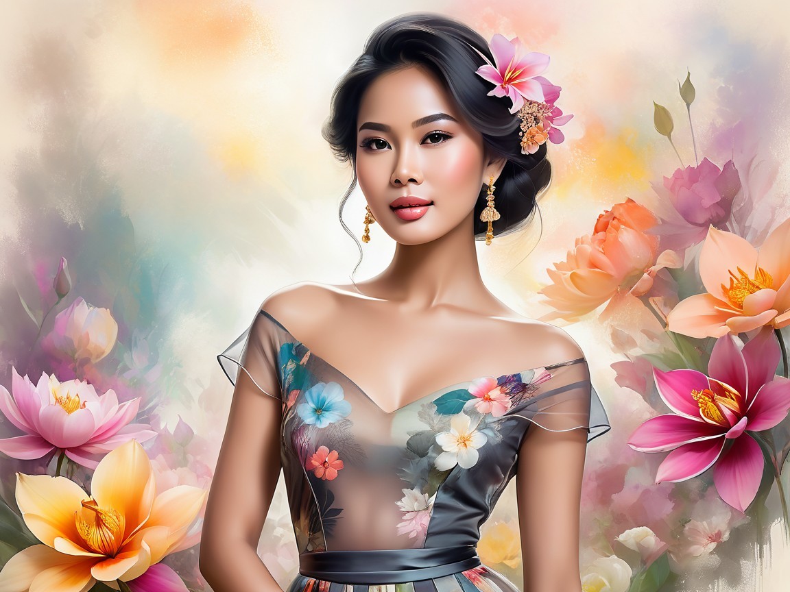Young Woman in Sheer Dress Among Vibrant Flowers