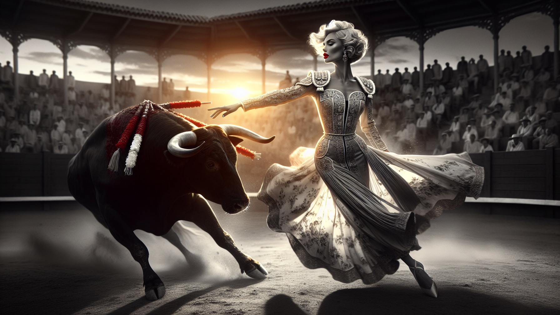 Woman in ornate dress encounters bull in arena at sunset