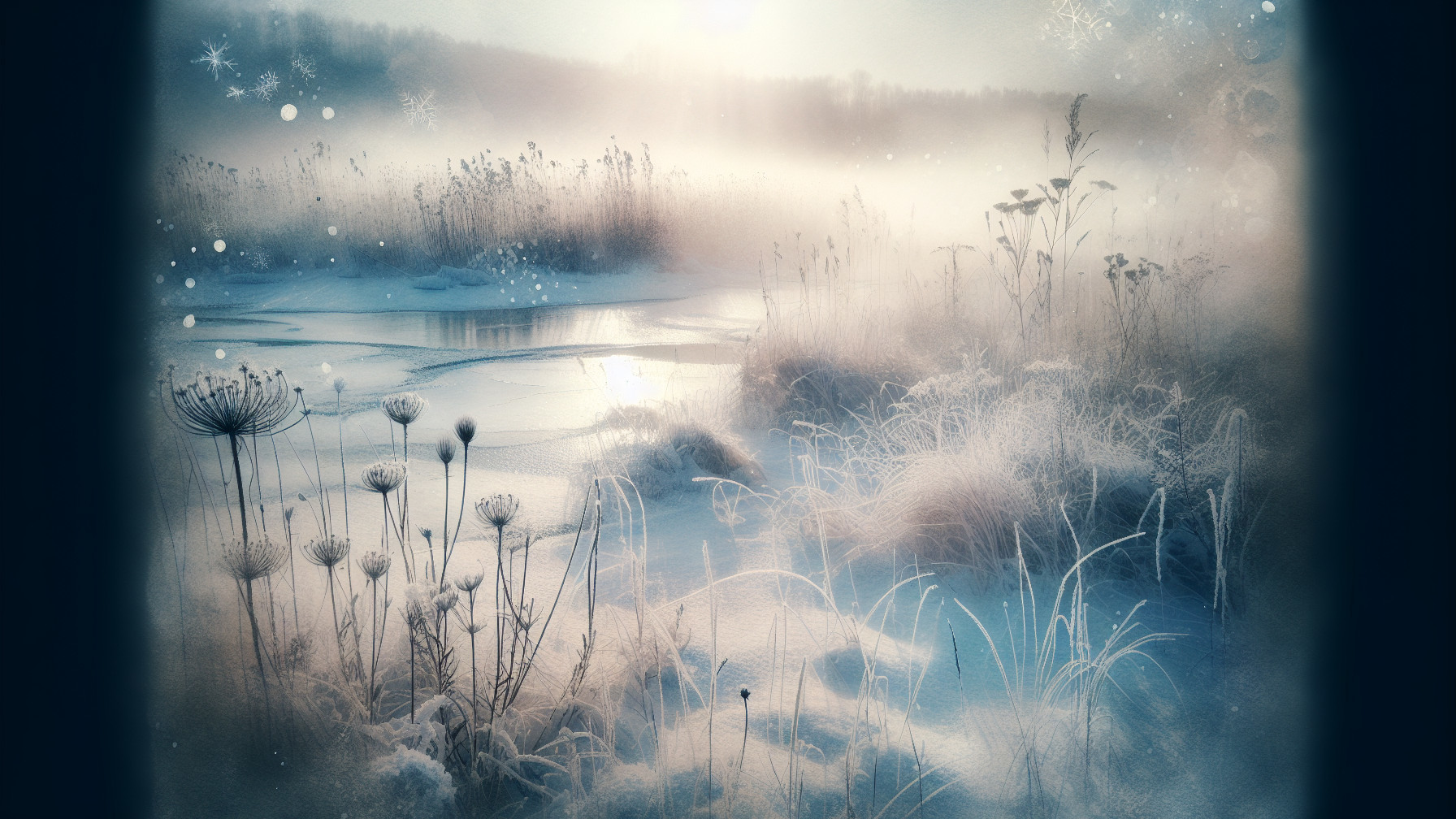 Mystical Frosty Winter Landscape with Frozen Waterway