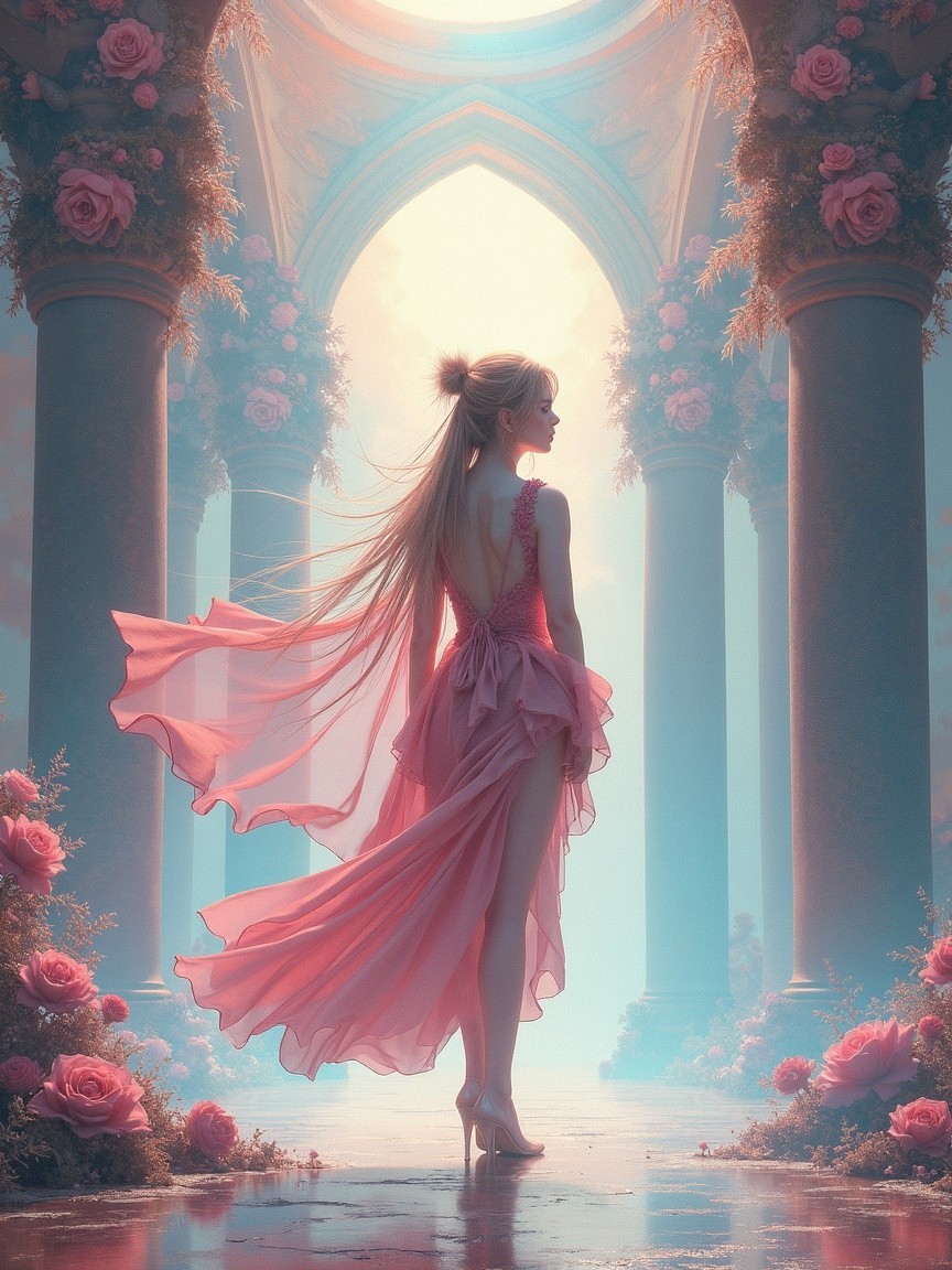 Elegant figure in ethereal garden with roses and light