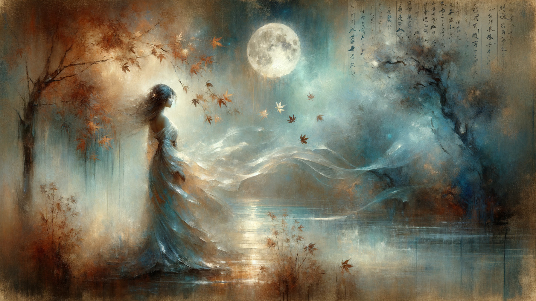 Mystical figure by tranquil water under glowing moon