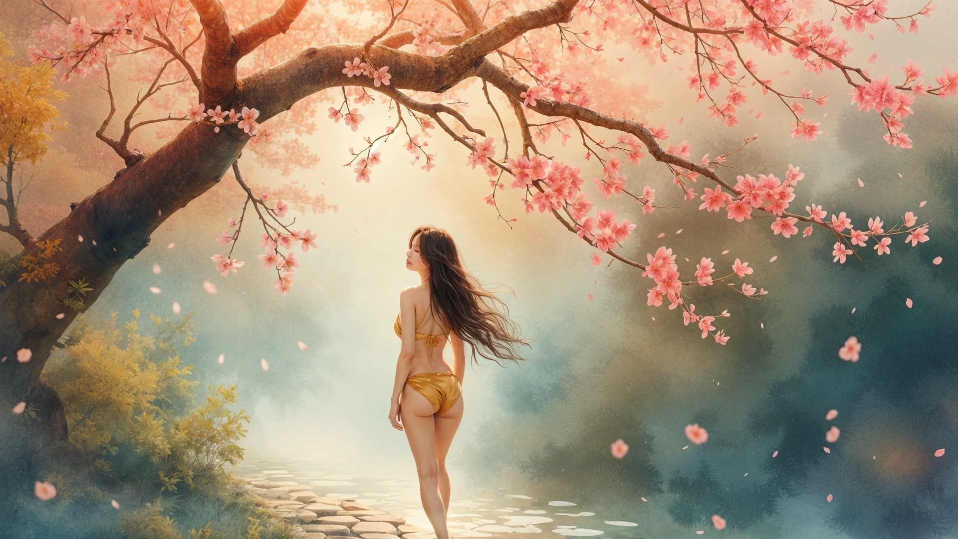 Woman in golden swimsuit walking among cherry blossoms