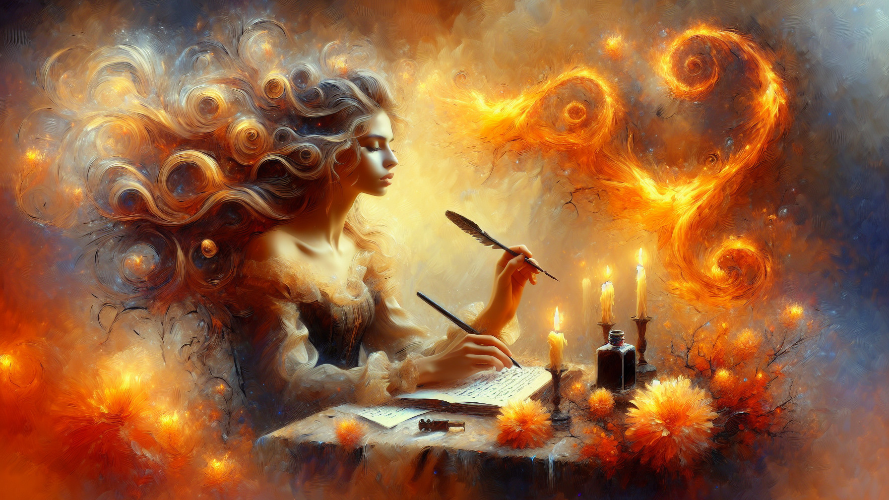 Ethereal Woman Writing at Dimly Lit Table with Candles