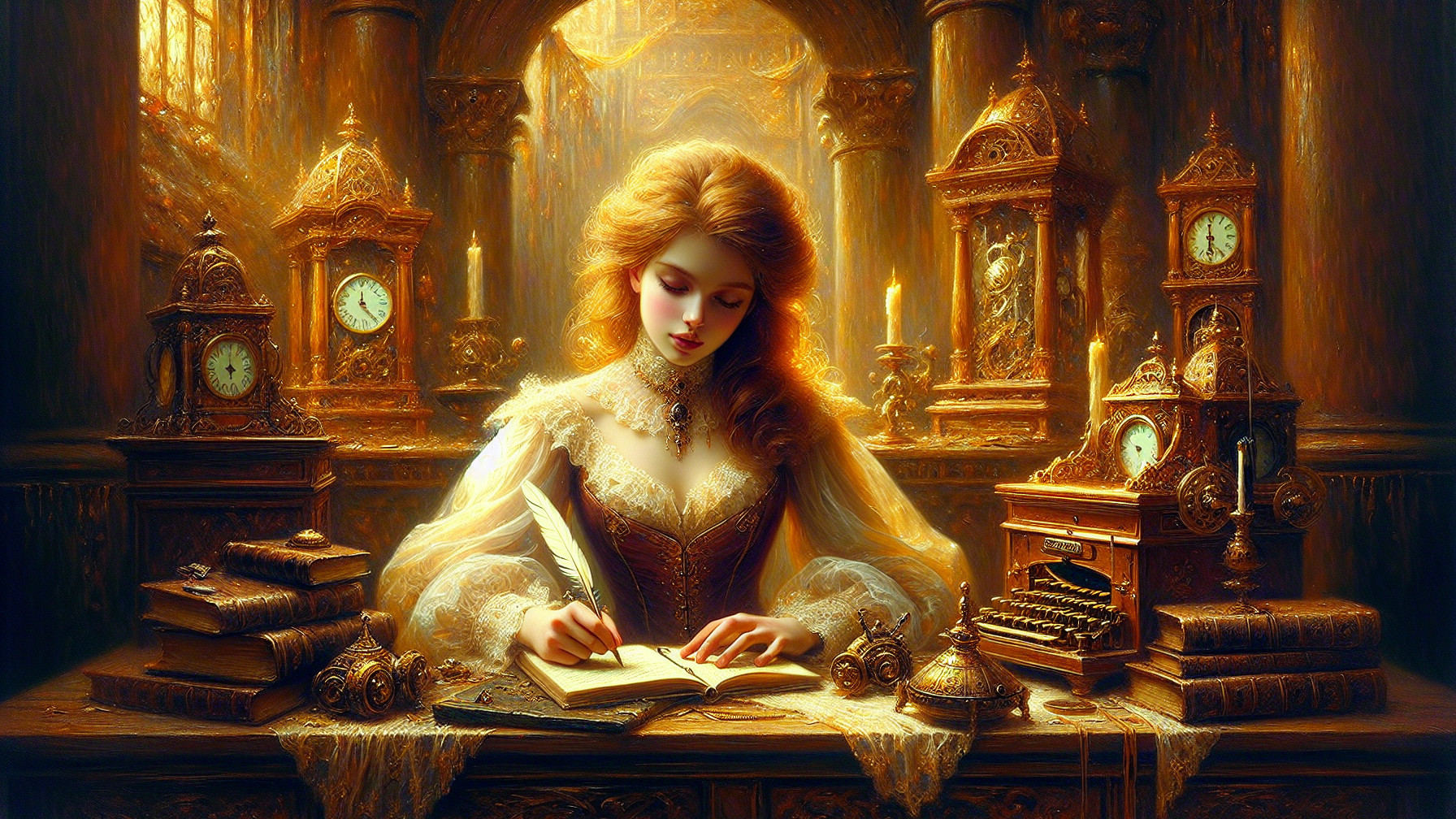 Young Woman Writing in Elegant Candlelit Room