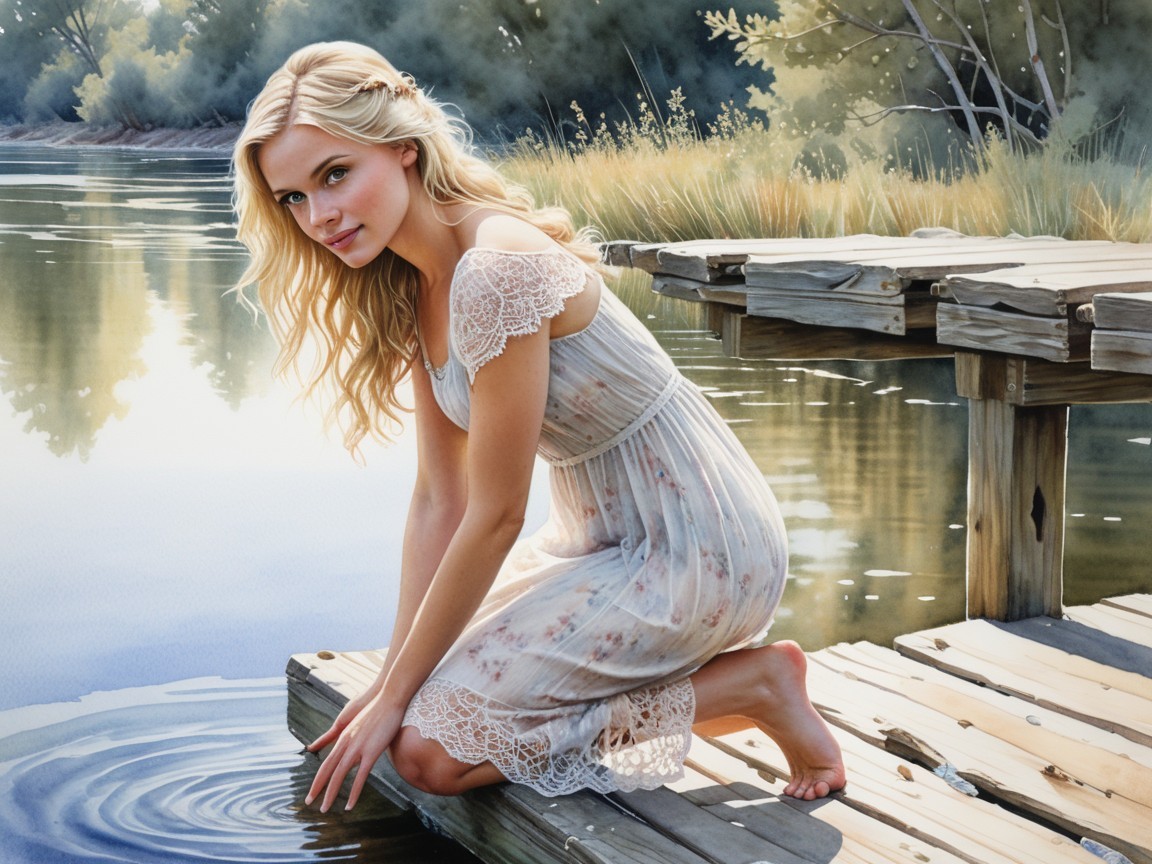 Young woman in white dress by tranquil river scene