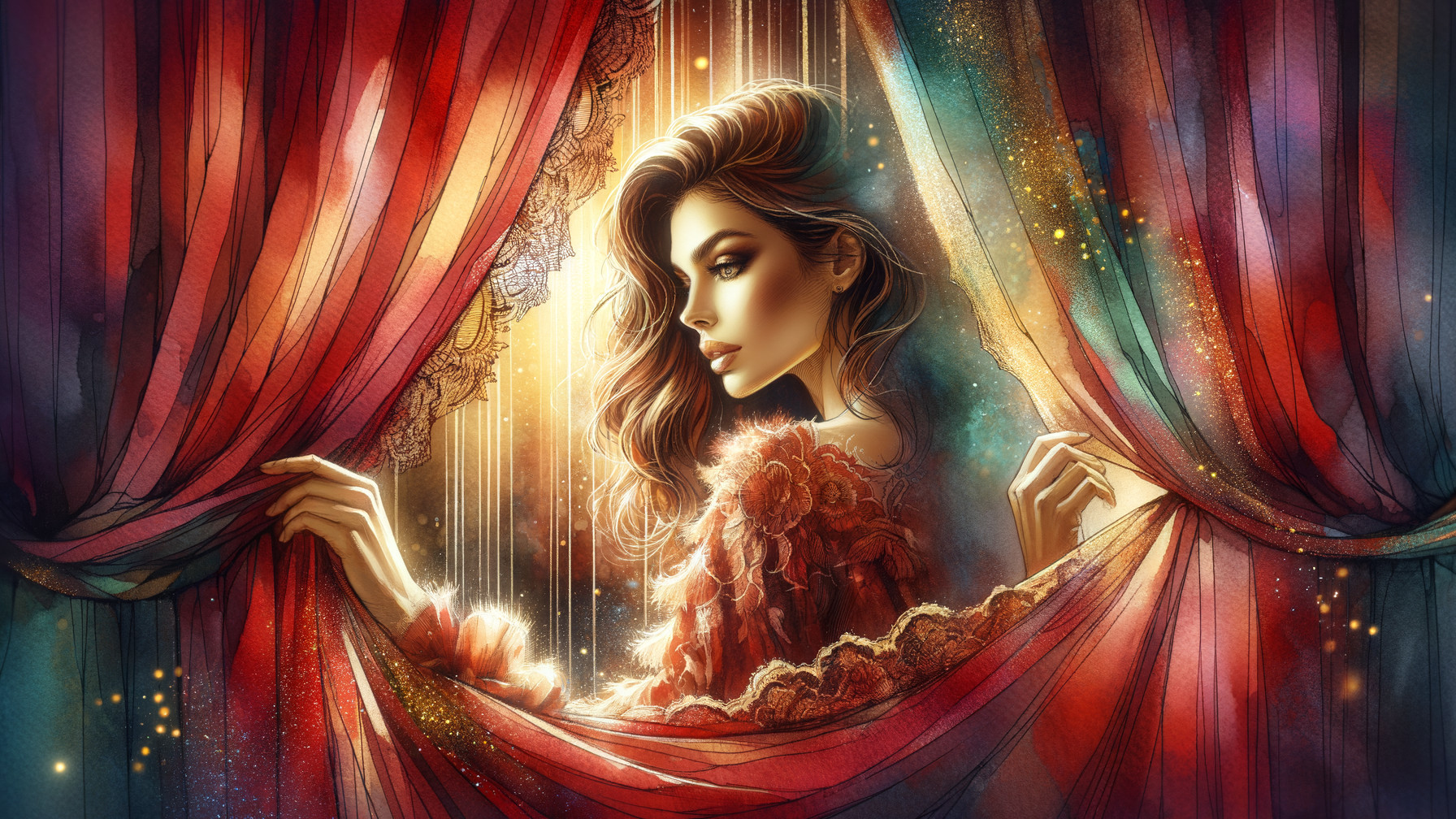 Glamorous Woman Behind Luxurious Curtains in Dreamlike Light