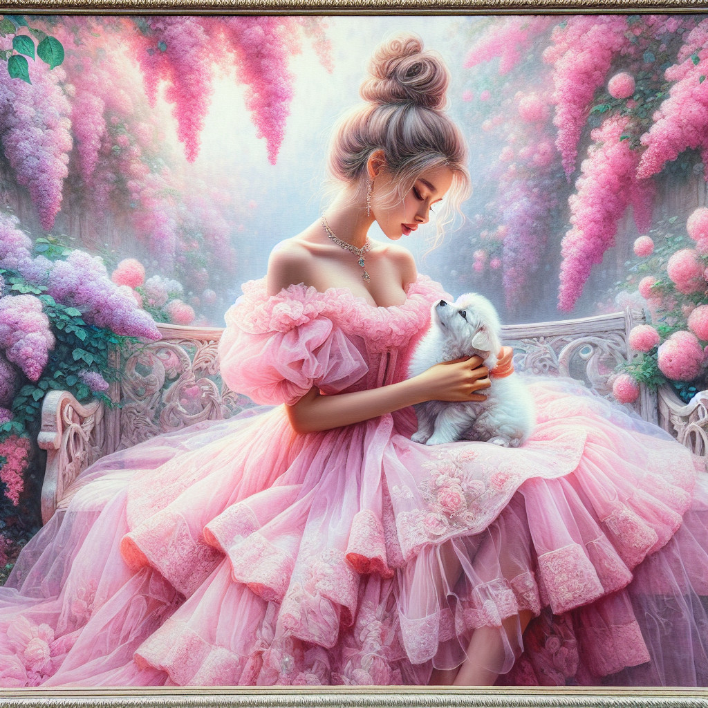 Young woman in pink gown with kitten in garden
