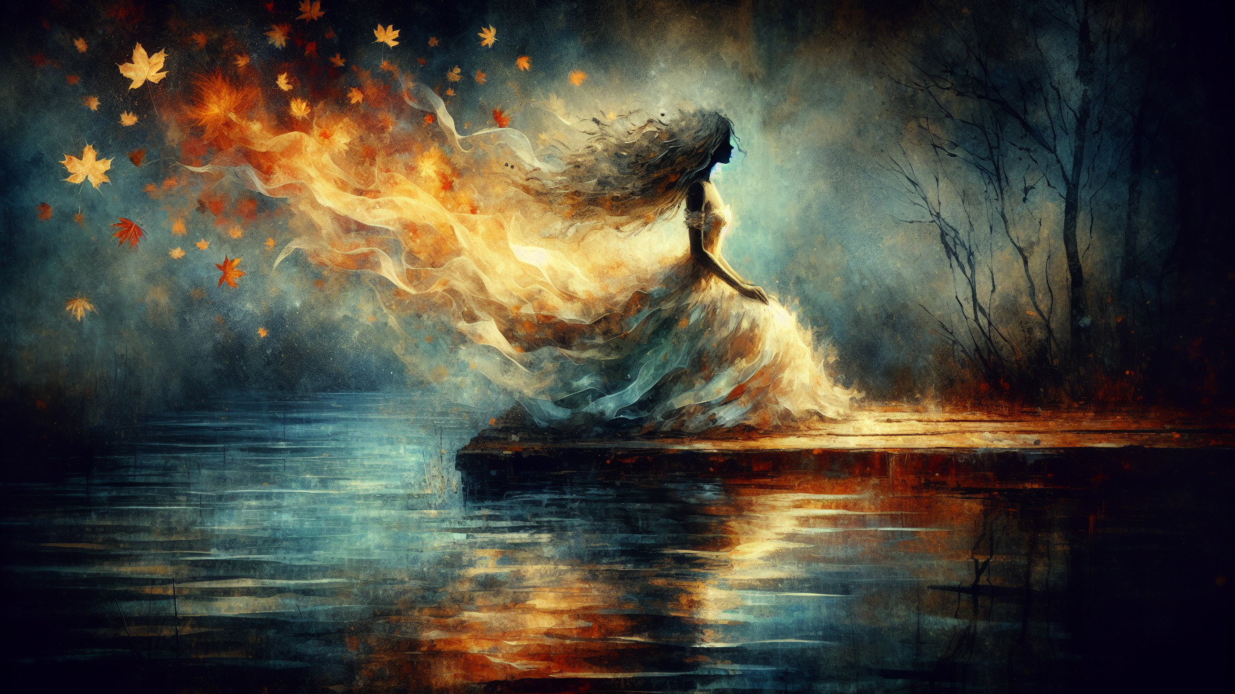 Mystical figure by tranquil lake with nature elements
