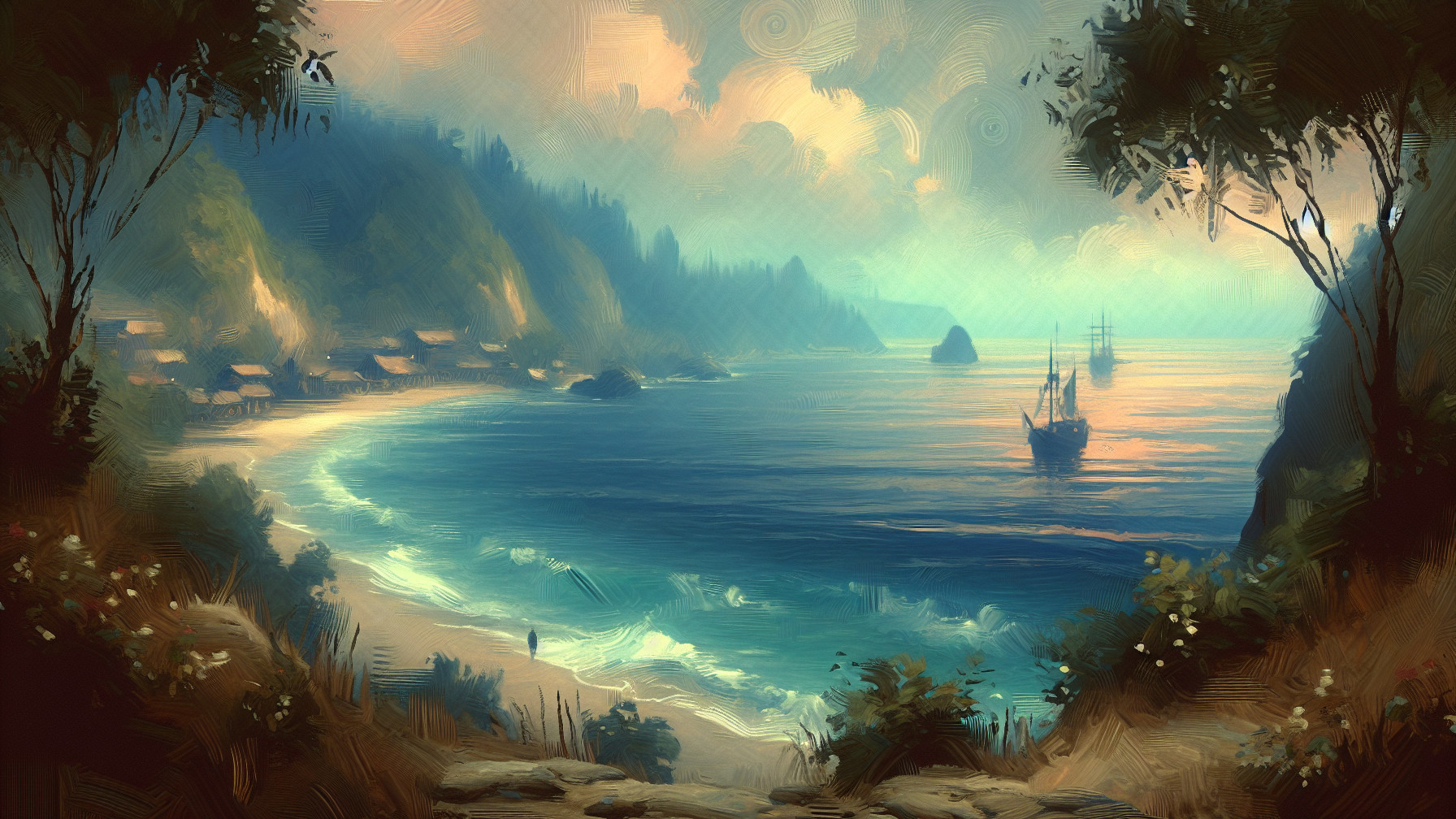 Serene Coastal Landscape with Tranquil Bay and Hills