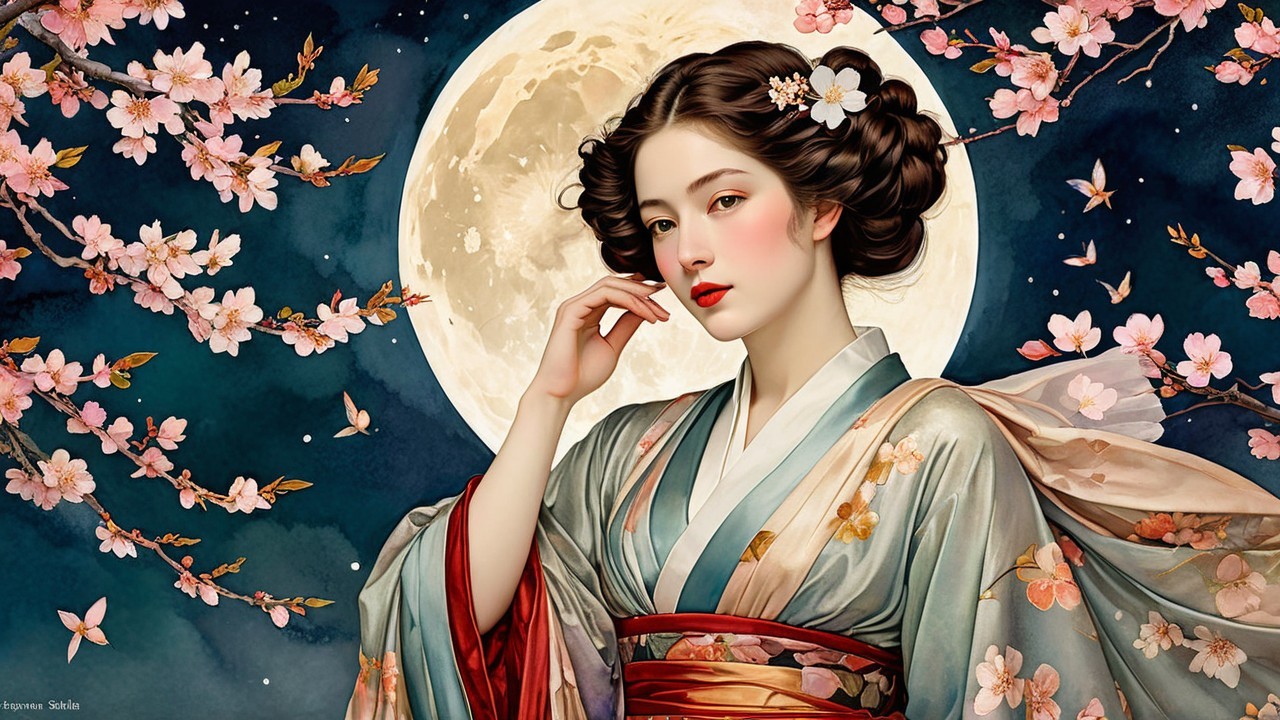 Woman in Kimono with Cherry Blossoms and Full Moon