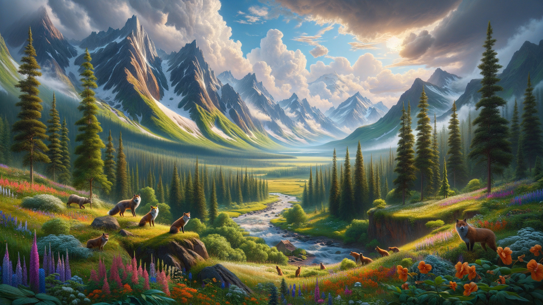 Majestic Snow-Capped Mountains and Lush Valley Landscape