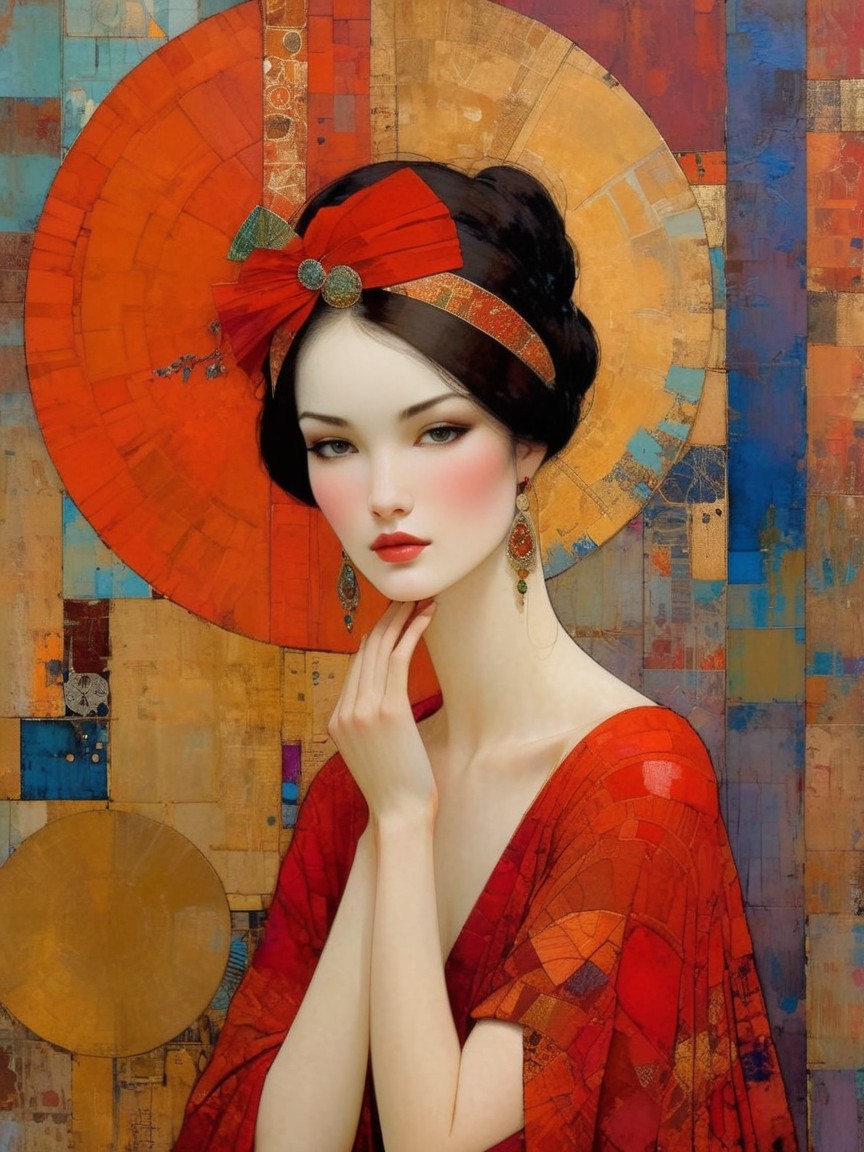 Portrait of an Asian woman in a red kimono against a geometric background