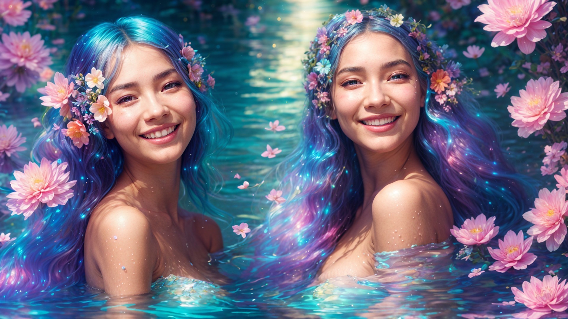 Joyful women with colorful hair in serene water setting